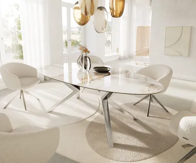 Produktbild von DELIFE Esstisch Edge Oval 220x120 Keramik Minas Melange Weiß-Beige Zenthara kantig Edelstahl
