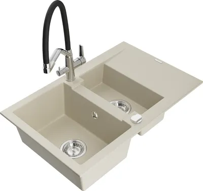 Produktbild von Mexen Gaspar 1,5-Becken-Granitspüle mit Abtropffläche und Mischbatterie Duo, Beige - 6507-69-671701-07