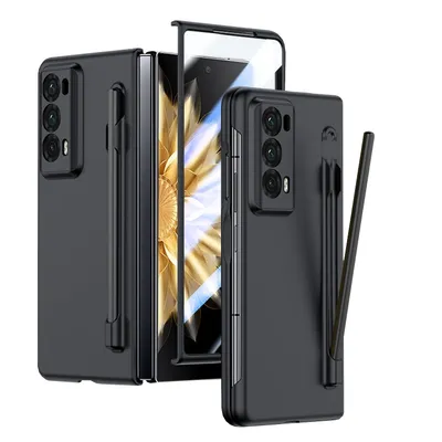 A black phone case with a stylus holder is shown in a studio setting.