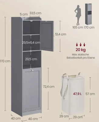 Produktbild von VASAGLE Badezimmerschrank mit Wäschekorb, hoher Badschrank, herausnehmbarer Wäschesack mit Griffen, mit Tür, verstellbare Ablage, 40 x 40 x 170 cm