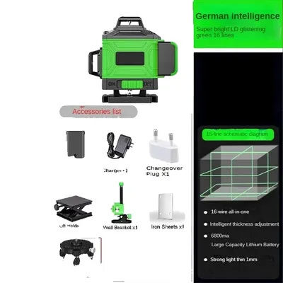 Obrázok produktu pre Laserový nivelačný prístroj, 3D/4D čiary, samonivelačný, nabíjateľná batéria USB, zelený 16 čiar s držiakom