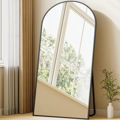 Immagine prodotto di Specchio a figura intera, 170 x 76 cm, colore nero, struttura in lega di alluminio, forma ad arco, da appoggio o da parete, vetro temperato