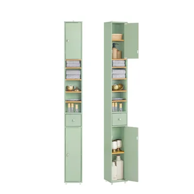 Two tall, narrow green storage cabinets are shown side-by-side against a white background. The cabinet on the right has its doors open, revealing shelves stocked with various items.