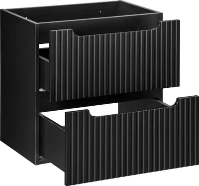 A black vanity cabinet with two drawers is shown against a white background.