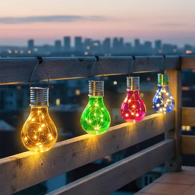 Produktbild von Solar Glühbirne aus Kunststoff in gelb blau grün pink 15 cm - 4er Set - LED Dekolampe wetterfest zum Aufhängen für Außen