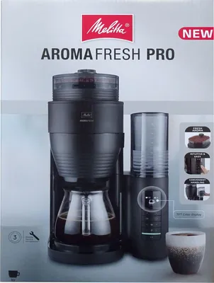 The image shows the packaging of a Melitta AromaFresh Pro coffee machine.