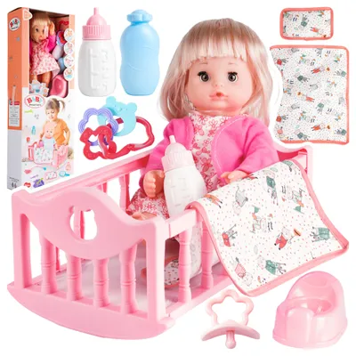 Immagine prodotto di Bambola Malplay per bambini, 32 cm, con culla, lettino, accessori, ciuccio, biberon, vasino, adatta a bambini dai 3 anni in su, ideale come regalo