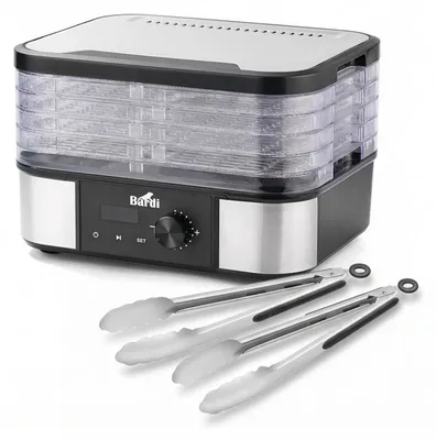 Produktbild von Bardi Professional Dörrautomat - Elektrisch 350 Watt - 5-stöckige Edelstahl-Einschübe - 9 Heizstufen - 35 °C bis 75 °C - LCD-Display - Timer - Edelstahl/Schwarz mit 2-teiliger Premium-Küchenzange aus Edelstahl