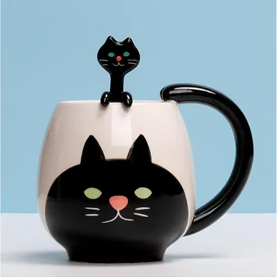 Immagine prodotto di Tazza a forma di gatto con cucchiaino, nera. Tazza regalo per caffè e latte