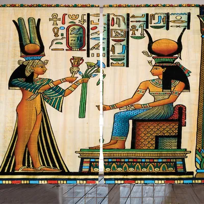 Image de Rideau ARANDE égyptien, papyrus égyptien ancien, la reine Néfertari avec illustration historique, 280 x 245 cm, multicolore