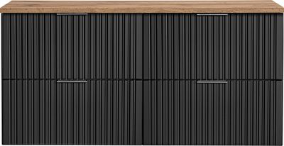 Waschtischunterschrank 120cm ADELAIDE-56-BLACK in matt schwarz mit Eiche Nb., gerillte Front, B/H/T 120,6/59,2/46,5 cm