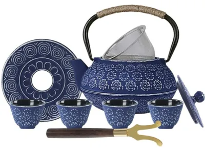 Gusseiserne Teekanne, blau, 1,2 l, mit Teefilter, Untersetzer & 4 Tassen