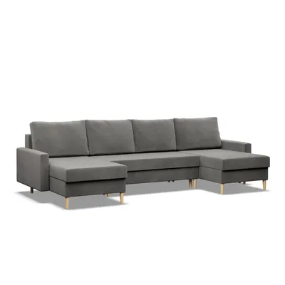 Produktbild von Mebligo U-Ecksofa Grau mit Bonell, Schlaffunktion und Wendekissen, Liegefläche 140x270 cm, hohe Holzbeine und 3 Staufächer