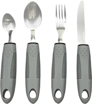 Zdjęcie produktu dla Zestaw sztućców JustValue, 4 sztuki – ergonomiczny – pogrubiony uchwyt – szary