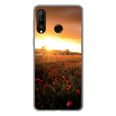 Produktbild von MuchoWow® Handyhülle Schutzhülle Hülle für Huawei P30 Lite Sonnenuntergang über den Mohnblumen in England Silikon Softcase Handy Hülle - Handyhülle