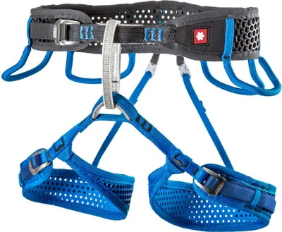 Klettergurt "WEBEE" von Ocun in Blau mit gepolsterten Beinschlaufen und verstellbarem Hüftgurt.