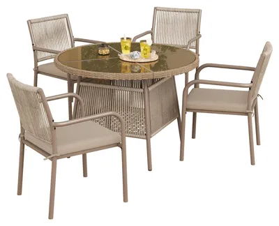 Image de Ensemble de mobilier de jardin moderne en rotin, comprenant une table ronde en verre et 4 chaises avec accoudoirs, structure en fer, idéal pour la terrasse, le balcon ou la véranda