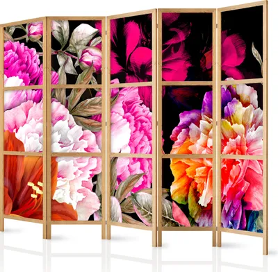 Produktbild von Paravent XXL Blumen 225x171 cm - 5-teilig - einseitig - eleganter Sichtschutz - Raumteiler - Trennwand - Raumtrenner - Holz - Design Motiv - Deko - Japan b-C-0386-z-c