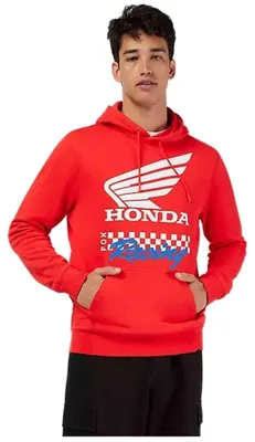 Produktbild von Fox Racing Honda Kapuzenpullover mit Wing Logo – Offizieller Fanartikel – Roter Hoodie mit Checkerboard-Print, blauem Racing-Schriftzug & Kängurutasche – 80% Baumwolle, 20% Polyester