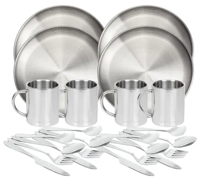 Produktbild von Campinggeschirr Set mit Edelstahltellern, Thermobechern & Lunch-Besteck für 4 Personen