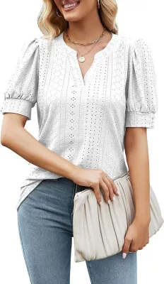 Produktbild von ASKSA Damen T-Shirt Puffärmel Aushöhlen Bluse V-Ausschnitt Sommer Kurzarm Shirts Einfarbig Lose Tops, Weiß, L