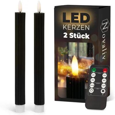 Produktbild von Stabkerzen LED mit Timer SCHWARZ 2er indoor mit Timer Funktion 6 Stunden ECHTWACHS gerippt 23cm Höhe für Kerzen 2,2cm Durchmesser 2 AAA Batterien notwendig LED Stabkerzen flackernde Flamme bewegliche