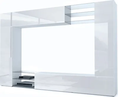 A white, modern media console with shelves and storage compartments, presented against a white background.