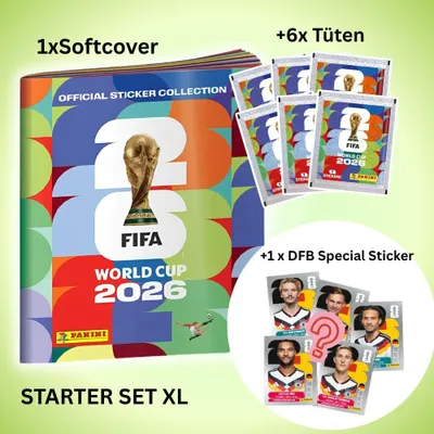 Produktbild von Panini FIFA World Cup 2026 Start Set XL Softcover mit 6 Tüten + 1 DFB Spezial Sticker – 7 Sticker je Tüte