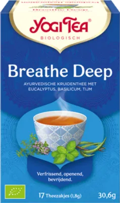 A box of Yogi Tea, Breathe Deep, herbal tea with a cup of tea and herbs.