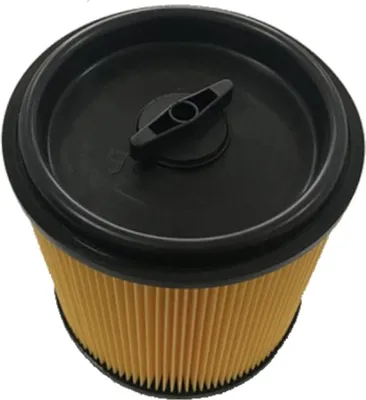 A top-down view of a cylindrical filter with a black cap and a yellow pleated filter element.