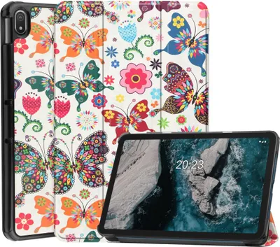 Produktbild von Nokia T20 Hülle - Tri-Fold Ständer Klapphülle mit Schlaf/Wach-Funktion - Schmetterlinge