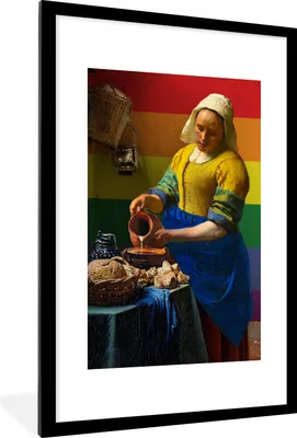 Produktbild von MuchoWow® Gerahmtes Poster Vermeer - Stolz - Milchmädchen 60x90 cm - Poster mit Schwarzem Bilderrahmen Wandposter Rahmen Foto Bilder - Dekoration - Wandposter Wohnzimmer - Hochwertig