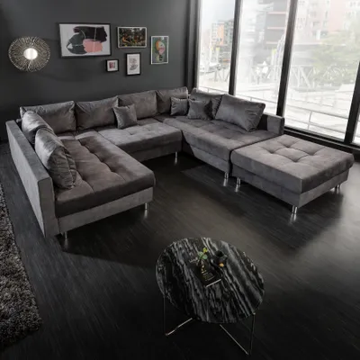Produktbild von riess-ambiente Moderne XXL Wohnlandschaft KENT 305cm grau Samt Bigsofa inkl. Hocker Federkern Couch Sofa U-Sofa