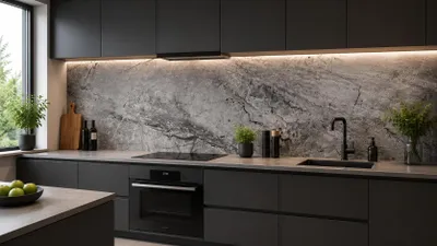 Produktbild von Raumwand Küchenrückwand Beton 3mm Alu Verbundplatte als Spritzschutz Küchenwand wasserfest, inkl. UV-Lack matt Lotuseffekt 220 x 60 cm