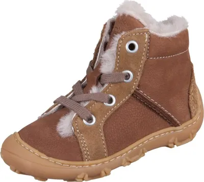 A single brown child's boot is shown against a white background.