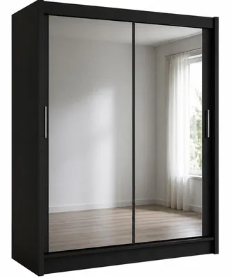 Produktbild von Schwebetürenschrank PARIS 203 cm mit Spiegel – Kleiderschrank modern, kompakter Schlafzimmer Schrank (Schwarz)