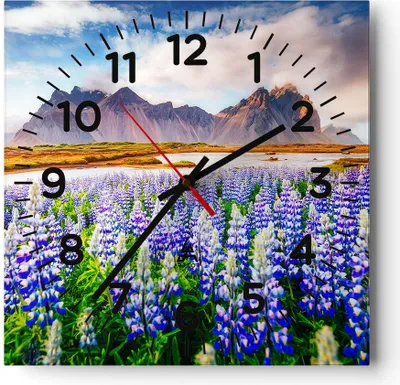 Produktbild von Wanduhr - Quadrat - Glasuhr - Berge Wiese Blumen - 40x40cm - Schleichendes Uhrwerk - Lautlos - zum Aufhängen bereit - Dekoration Modern - Wanddekoration aus Glas - C4AC40x40-4114