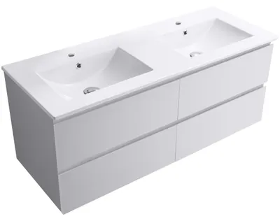 Zdjęcie produktu dla Szafka łazienkowa Carole + ceramiczna podwójna umywalka Todo - biały, matowy - 121x50x46,5 cm