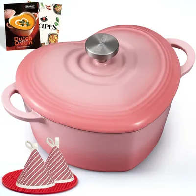 Image de OVERMONT - Cocotte en fonte émaillée en forme de cœur, 1,9 L, rose
