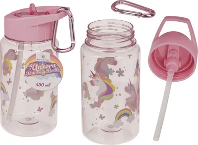 Produktbild von Trinkflasche Einhorn mit Trinkhalm und Karabiner, ca. 450 ml, 16 cm hoch