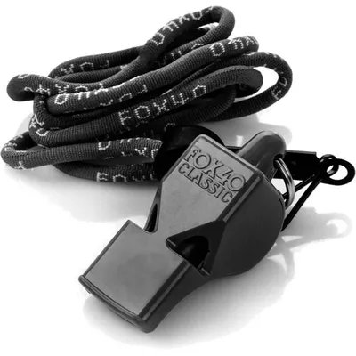 A black Fox 40 Classic whistle with a black lanyard is shown on a white background.