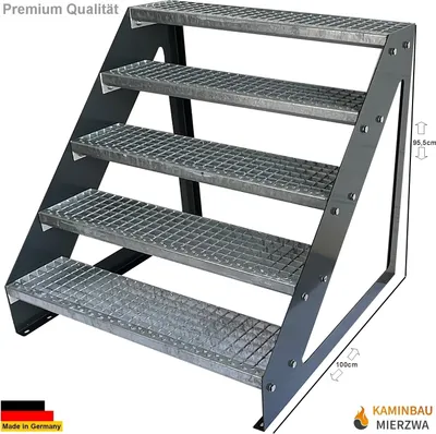 Produktbild von Gitterrost Stahl Wangentreppe 5 Stufen Freistehend Verzinkt & Anthrazit Pulverlackierte Wangen - (L x B x H) 101cm x 80cm x 95cm