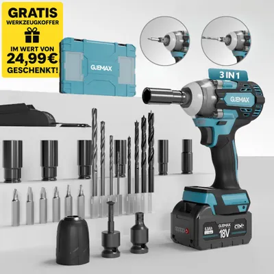 Produktbild von GJEMAX Schlagschrauber 18V, 520 Nm – inkl. 6,0 Ah Akku, Schnellladegerät, Bohrfutter, Bitset, 6x Steckschlüssel, 6x Bohrer & GRATIS Werkzeugkoffer