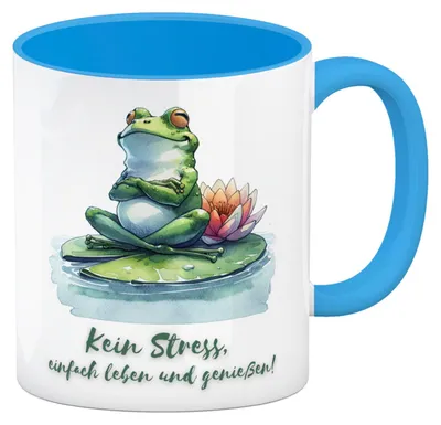 Produktbild von Frosch auf Seerose Kaffeebecher in hellblau mit Spruch Kein Stress einfach