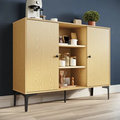 Zdjęcie produktu dla SONNI oryginalny kolor drewna 2-drzwiowa komoda 120x35x93 cm szafka, duża przestrzeń do przechowywania, szafki do salonu