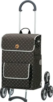 A shopping trolley with a patterned fabric bag and a three-wheeled step-climbing mechanism.