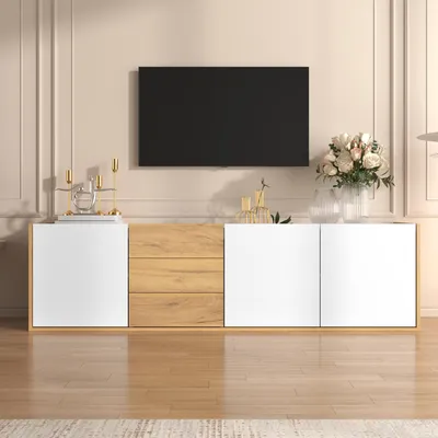 Productafbeelding van Sweiko TV-kast, laag model in wit en houtkleur, een tv-meubel dat aan de muur kan worden bevestigd of op de vloer kan worden geplaatst