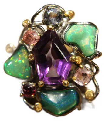 Produktbild von Kunstvoller Silberring mit Amethyst, Opalen und Granat, Größe 14,5