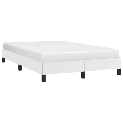 A white bed frame with black legs against a white background.