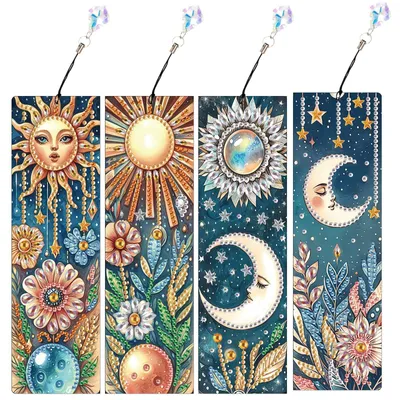 Diamond Painting Bladwijzer, 4 Stück, DIY, Papier, Sonne & Mond